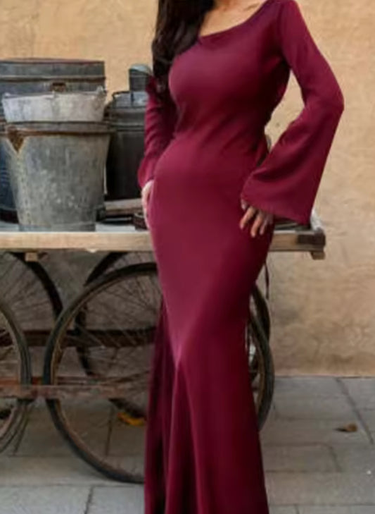 Burgundy dress with bell sleeves dress